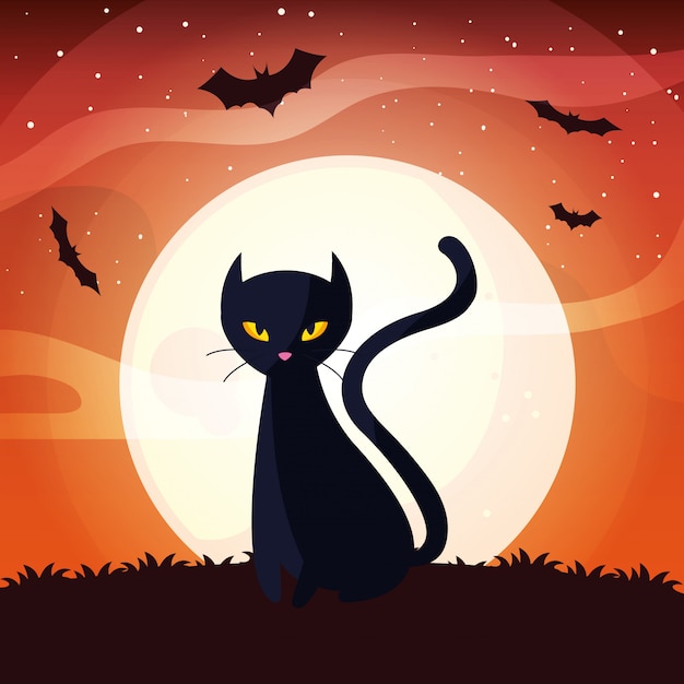 Gato preto com lua em cena de halloween