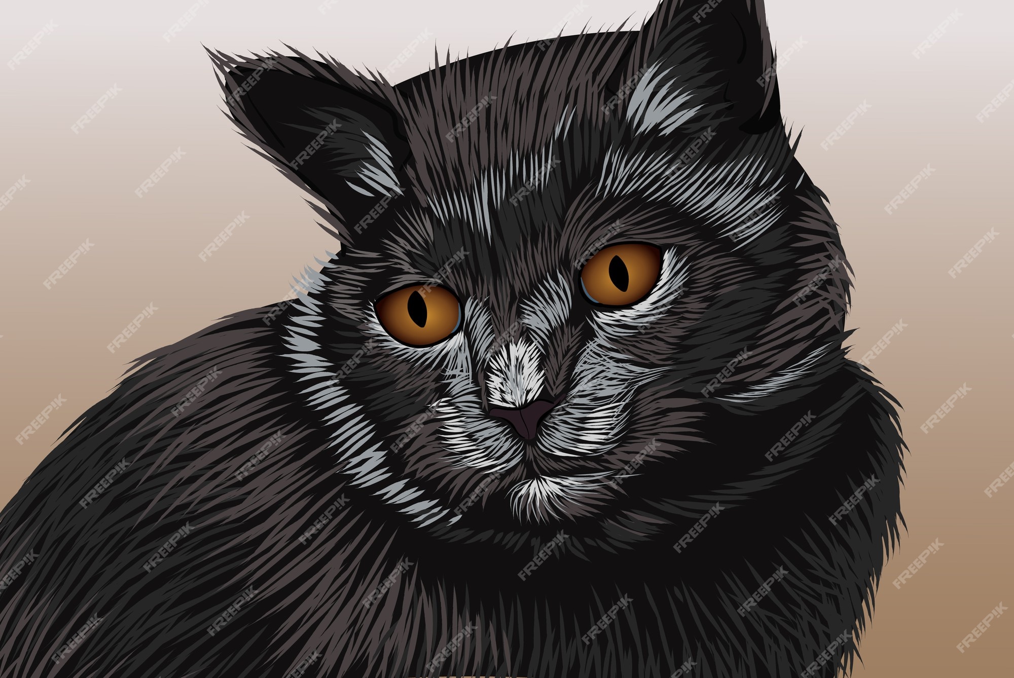 Cabeça de gato bonito realista desenho a preto e branco à mão