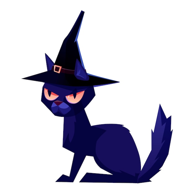 Gato preto com um chapéu de bruxa. Ilustração de halloween