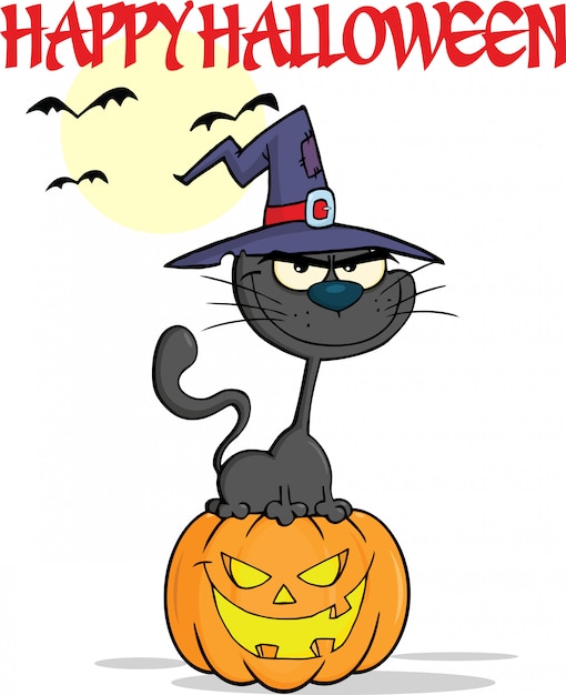 Gato preto de halloween com um chapéu de bruxa na abóbora dos desenhos animados