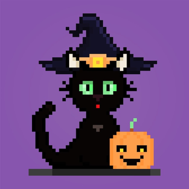 Gato preto de pixel de halloween usando chapéu de bruxa com abóbora