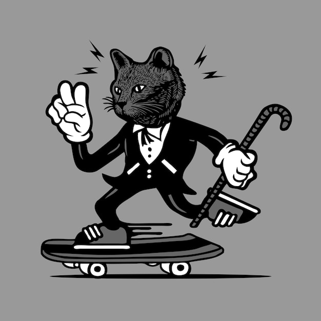 Vetor gato preto de skate em smoking mascote design de personagem desenho à mão vetor