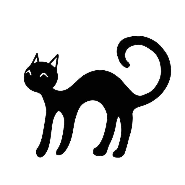 Gato preto em um fundo branco. ilustração desenhada à mão para halloween, impressão, logotipo, cartões, cartazes, adesivos, design têxtil e sazonal.