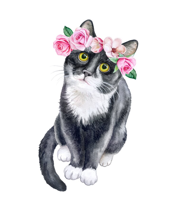 Vetor gato preto em uma grinalda de flores. coroa com rosas. aquarela