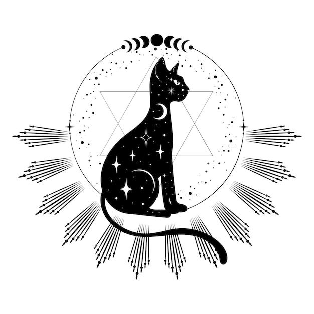 Vetor gato preto místico lua sol grama estrelas símbolos esotéricos logotipo de tatuagem