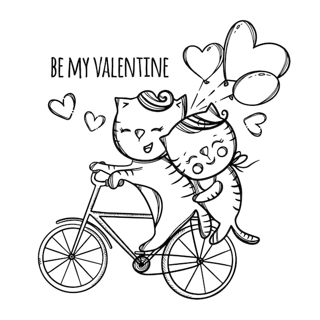 Gato que monta uma bicicleta. desenhos animados de animais do dia dos namorados ilustração monocromática desenhada à mão