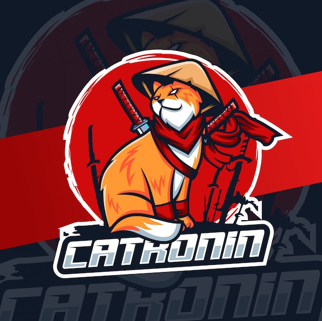 Gato ronin ninja mascote esport logotipo