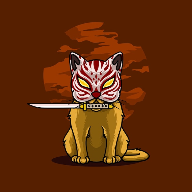 Gato samurai mordendo espada no fundo da lua