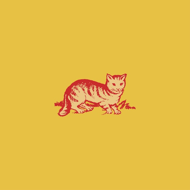 Gato selvagem bonito na ilustração de estilo vintage retrô de grama