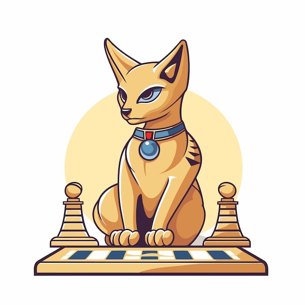 Vetor gato sentado em tapete a xadrez com peças de xadrez ilustração vetorial