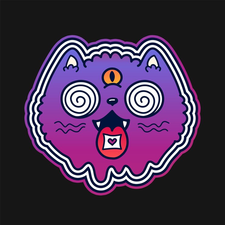Gato trippy com marca de ácido lsd no desenho de uma camiseta na língua. Ilustração em vetor mão desenhada logo personagem de desenho animado. Gato trippy, gatinho psicodélico, lsdprint para camiseta, pôster, adesivo, conceito de logotipo