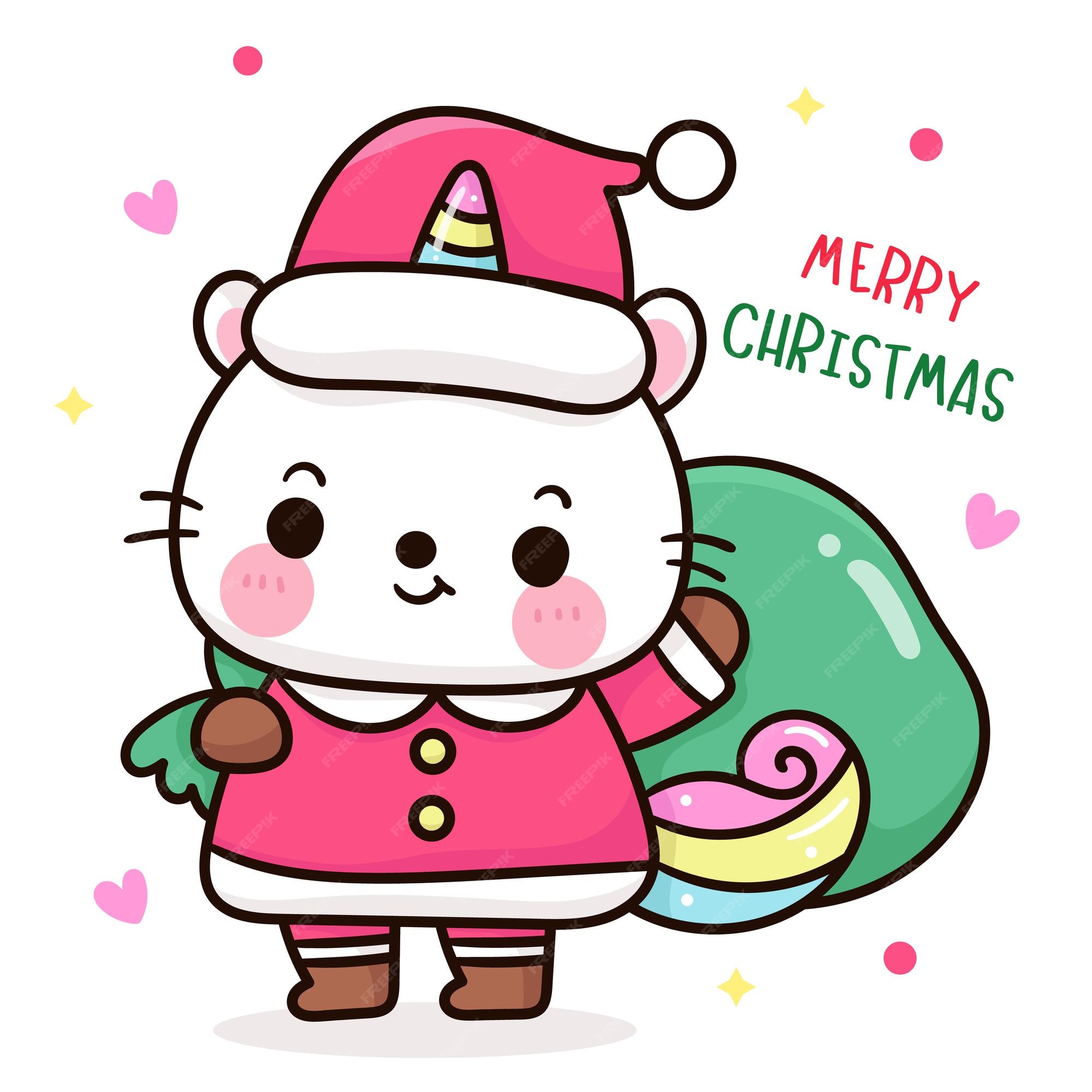 Gato unicórnio do papai noel e bolsa de natal desenho kawaii