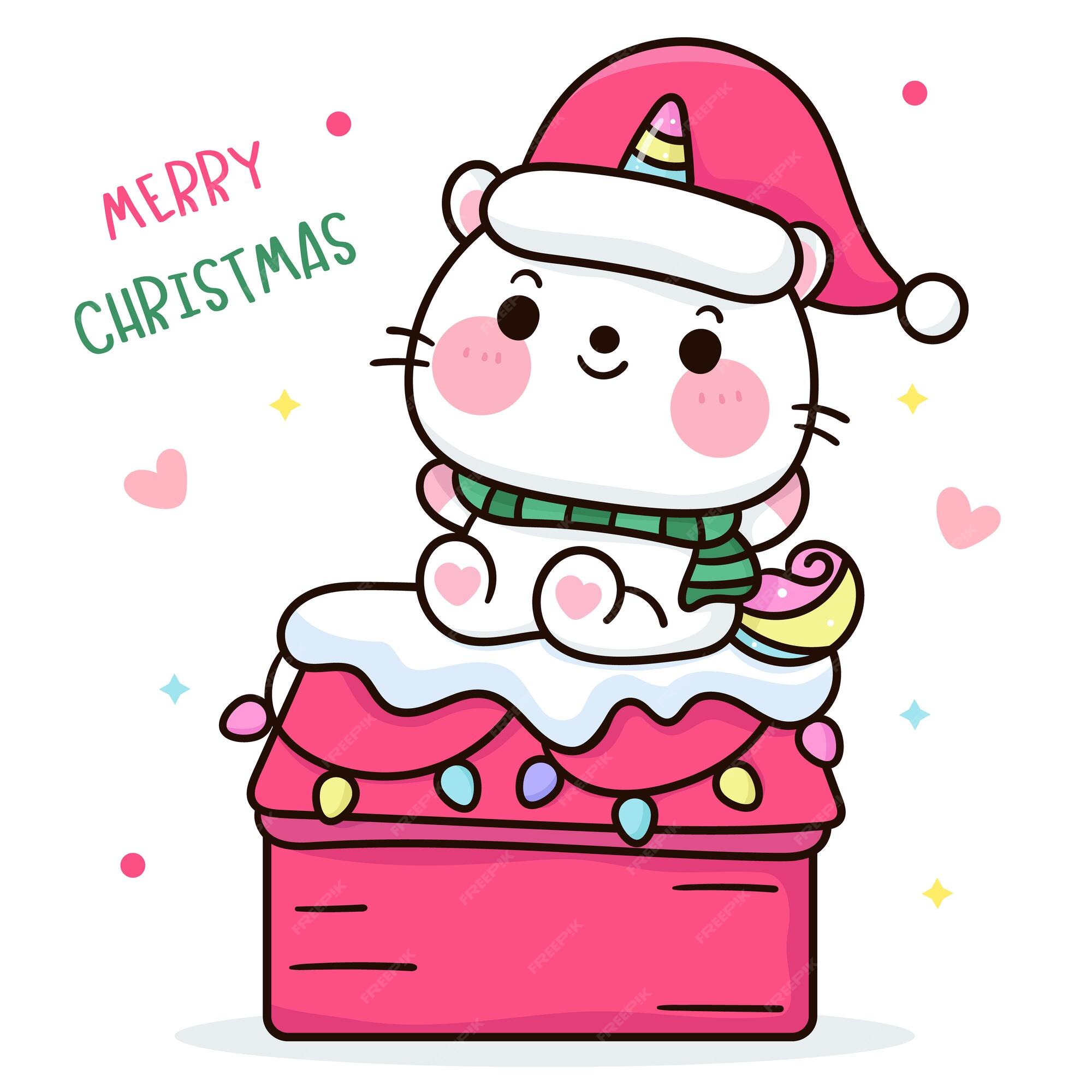 unicórnio papai noel com presente de natal desenho animado kawaii