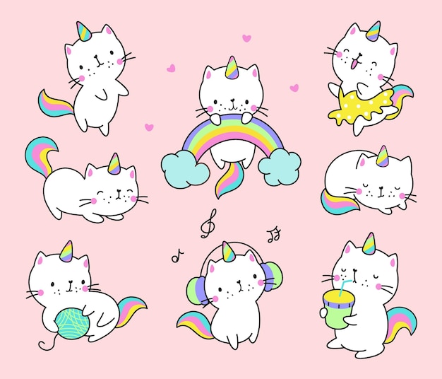 Gato unicórnio kawaii gatos divertidos unicórnios gatinho personagens pastel animais fofos com arco-íris e bebidas sonhando caticorn animal de estimação bebê hoje em dia adesivos vetoriais ilustração de animal adorável adesivo