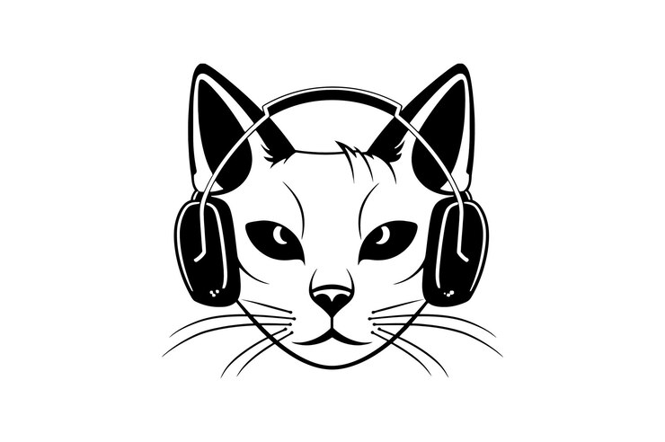 Vetor gato usando fone de ouvido minimal vector design de logotipo camiseta ilustração de sublimação
