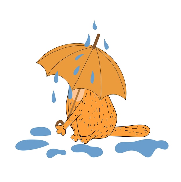 Gato vermelho com um guarda-chuva. Outono, guarda-chuva. Gatinho engraçado. Gato em uma caminhada. Rabisco. Ilustração plana.