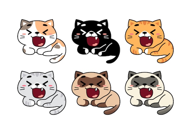 Gatos bocejando bonitos em conjunto de diferentes raças