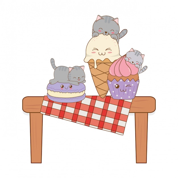 Gatos bonitos com sorvete e cupcake kawaii