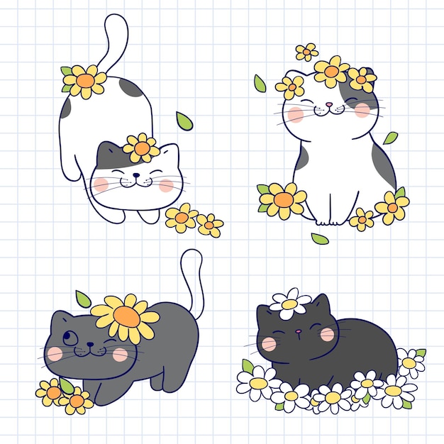 Gatos bonitos dos desenhos animados com flores Ilustração vetorial desenhada à mão em uma página de caderno
