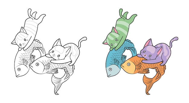 Gatos bonitos estão pegando desenhos de peixes para colorir página para crianças