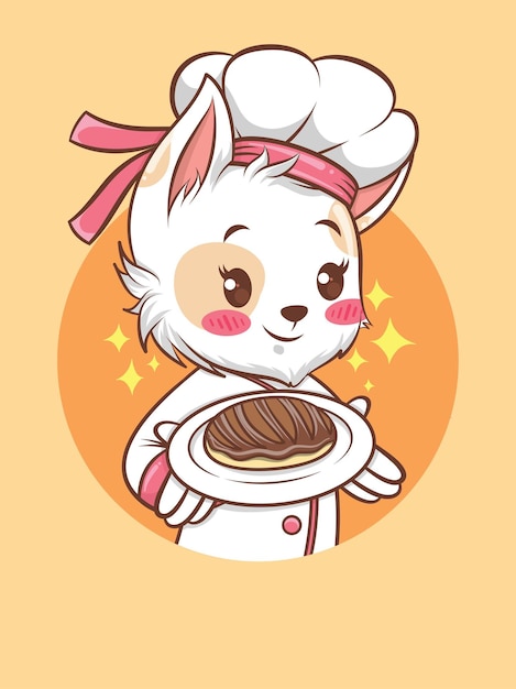 gatos bonitos garota chef segurando um bolo. conceito do chef de padaria. personagem de desenho animado e ilustração do mascote.