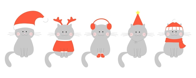 Gatos bonitos para o dia de Natal e ano novo conjunto de gatos em roupas vermelhas de inverno