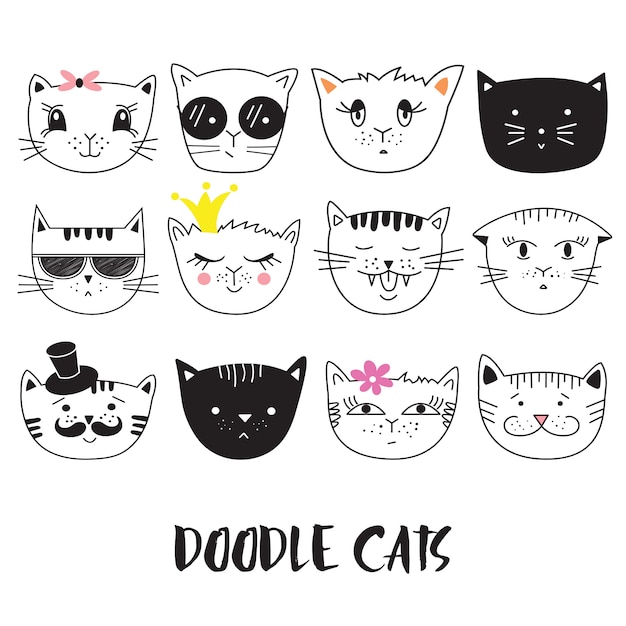 Gatos, conjunto de cabeças de gato bonito doodle.