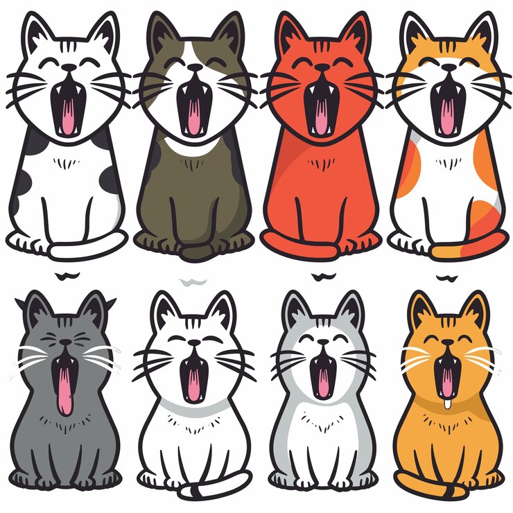 Vetor gatos de desenho animado coloridos miamando alto felinos bonitos vocalizando bigodes seis raças diferentes de gatos