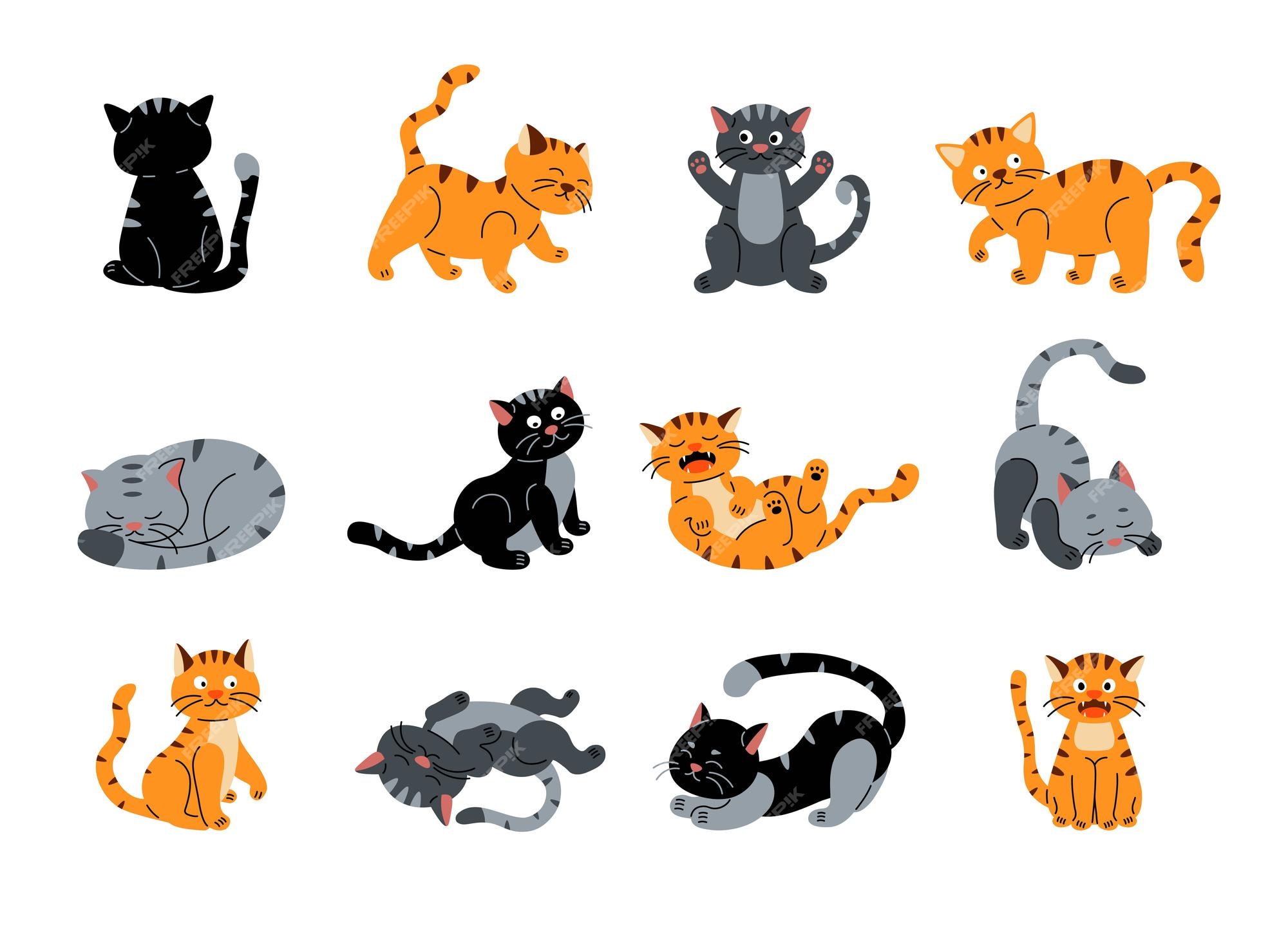 Conjunto de ilustrações de personagens de desenhos animados de gato bonito.  gatos com nariz em forma de coração, gatinhos fofinhos felizes sorrindo,  gatinhos laranja e cinza sentados no branco