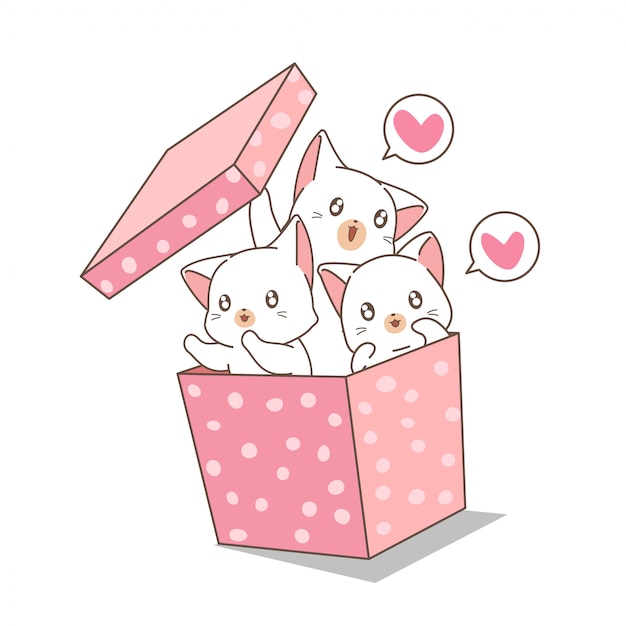 Gatos de kawaii mão desenhada na caixa rosa