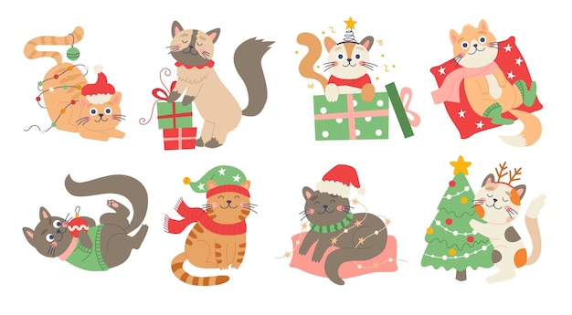 Gatos de Natal definem carinhosas personagens felinos engraçados para desenhos de Natal ilustração vetorial em plano