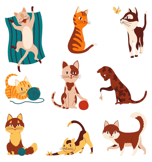 Vetor gatos doodle conjunto de vetores de animais de estimação fofos e engraçados personagens de gatinhos de desenhos animados projetam cor de coleção em diferentes estilos e poses animal adorável dormindo se esticando brincando com um novelo de lã