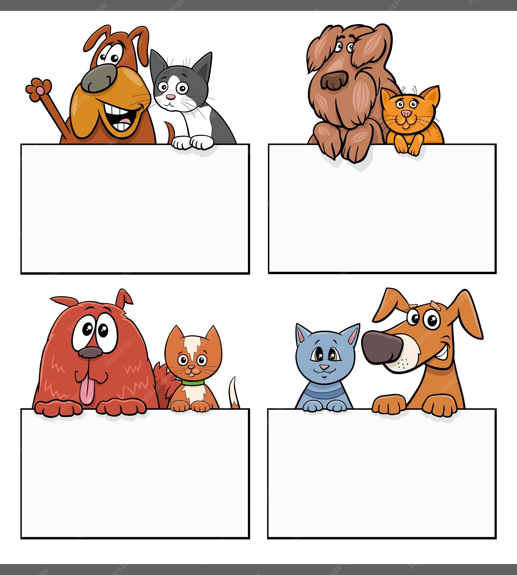 gato e cachorro dos desenhos animados com design gráfico de placa