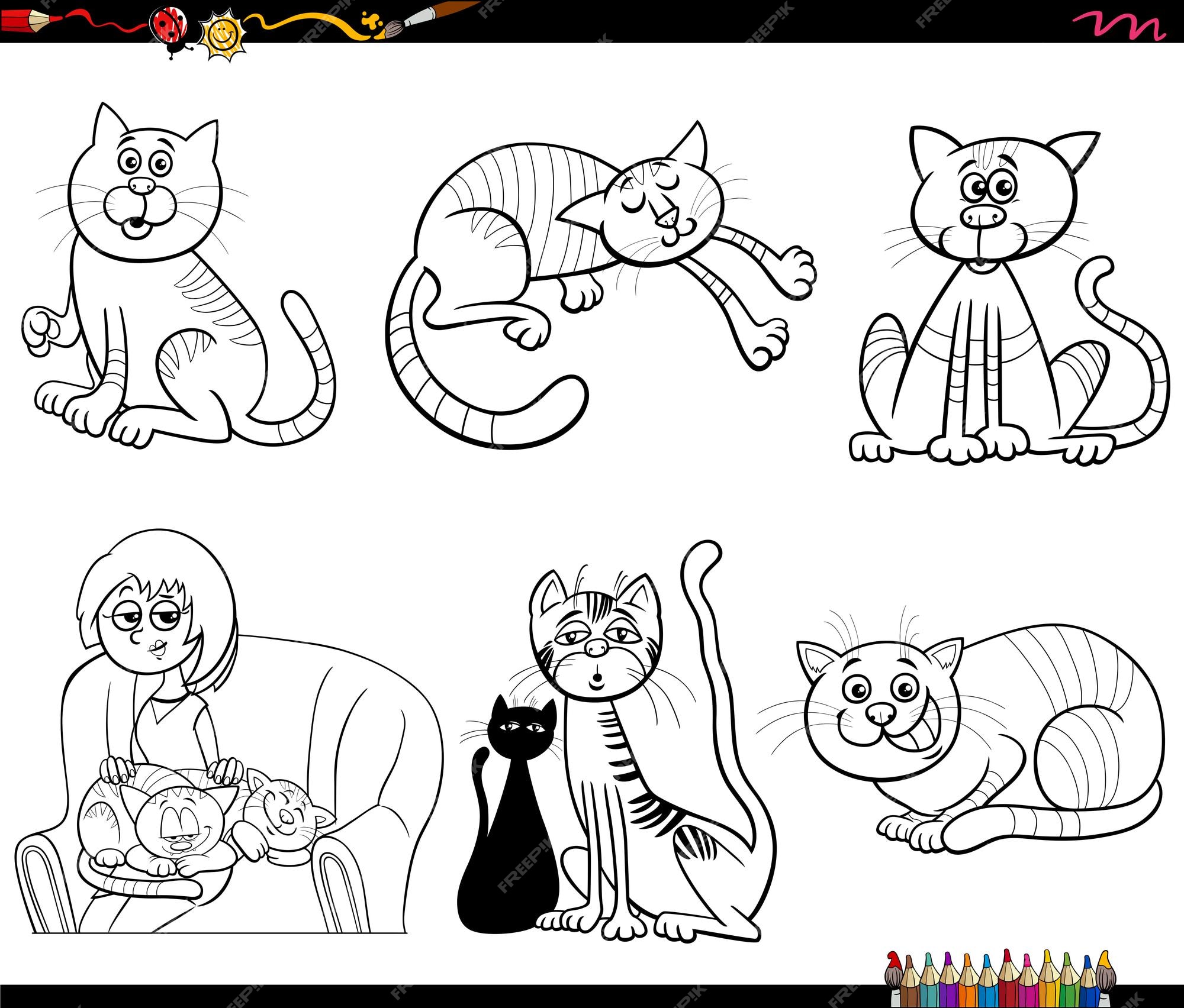 Gatos e gatinhos dos desenhos animados, conjunto de personagens de  quadrinhos para colorir página