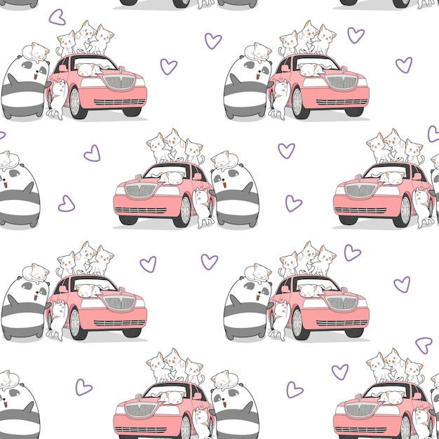 Gatos e panda desenhados sem emenda do kawaii com teste padrão cor-de-rosa do carro.