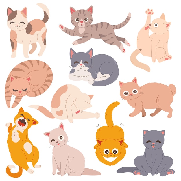 Gatos engraçados definir ilustração vetorial simples de design plano