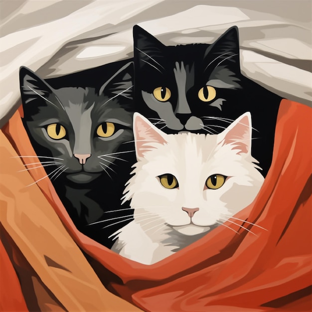 Vetor gatos escondidos debaixo de um cobertor no estilo de retratos simplificados e estilizados