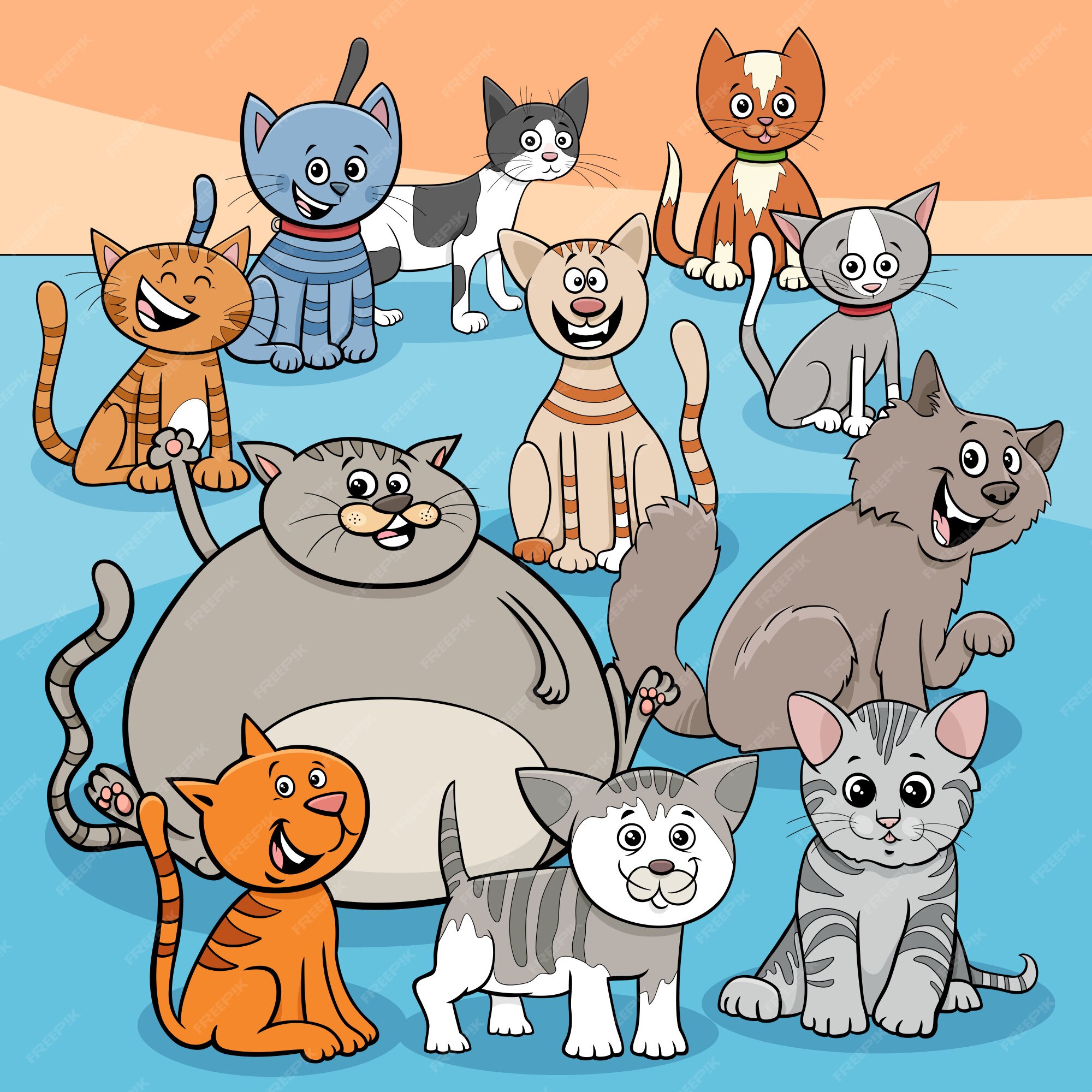 Vetores de Gatos Felizes Ilustração Dos Desenhos Animados Conjunto