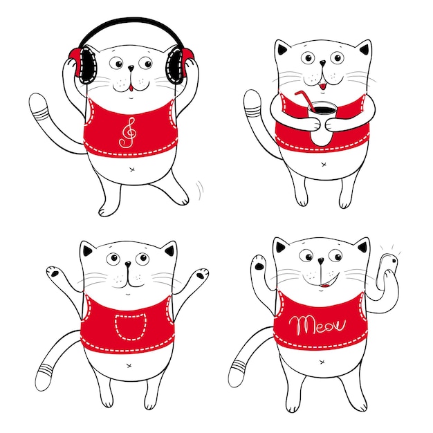 Gatos fofos de personagem de desenho animado com telefone de fones de ouvido de café conjunto de ilustração de gatos engraçados