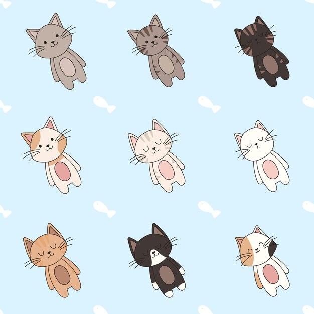 Vetor gatos fofos desenhados à mão com padrão sem costura perfeito para scrapbooking kit de adesivos de cartaz de cartão de saudação