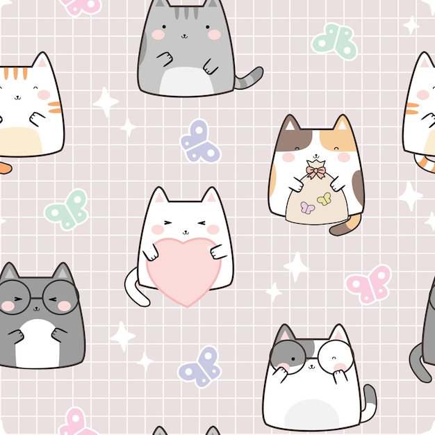 Gatos fofos kawaii sem costura com desenho de padrão de animais de desenho de borboleta para decoração de scrapbooking