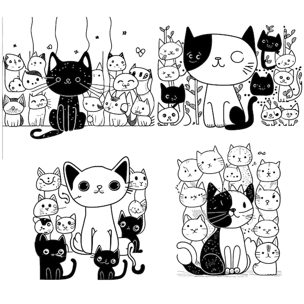 Gatos fofos Páginas para colorir em preto e branco para crianças linhas simples estilo cartoon feliz fofo engraçado