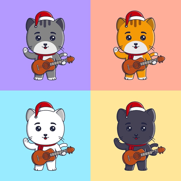 Gatos fofos usando chapéu de natal e lenço tocando violão