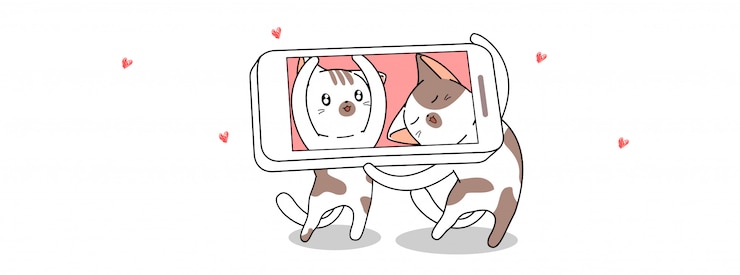 Vetor gatos kawaii estão tirando foto com smartphone