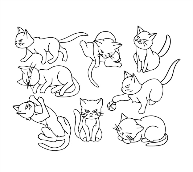 Gatos kawaii fofos em poses engraçadas vetor gatos brancos para impressão ou design de adesivo animais kawaii adoráveis em fundo branco