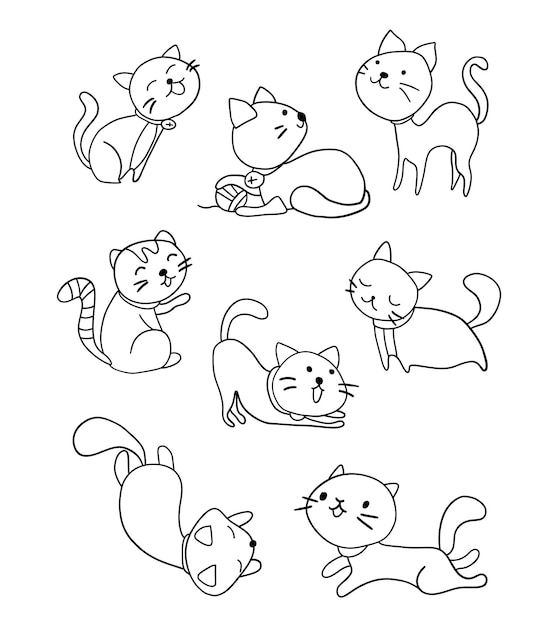 Gatos kawaii fofos em poses engraçadas vetor gatos brancos para impressão ou design de adesivo animais kawaii adoráveis em fundo branco