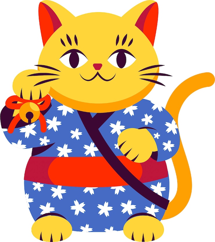 Vetor gatos maneki japoneses desenho animado flat isolado conjunto de figurinhas de sorte asiáticas e animais caro com pata levada