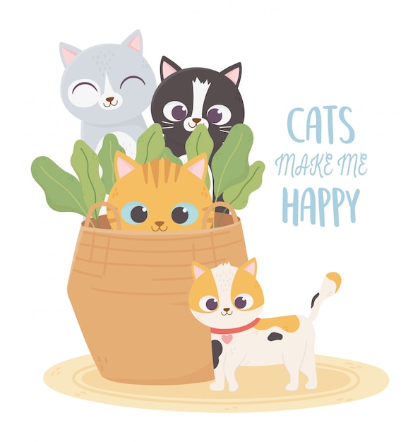 Gatos me fazem feliz, gatos de estimação em desenhos animados de plantas de cesta de vime