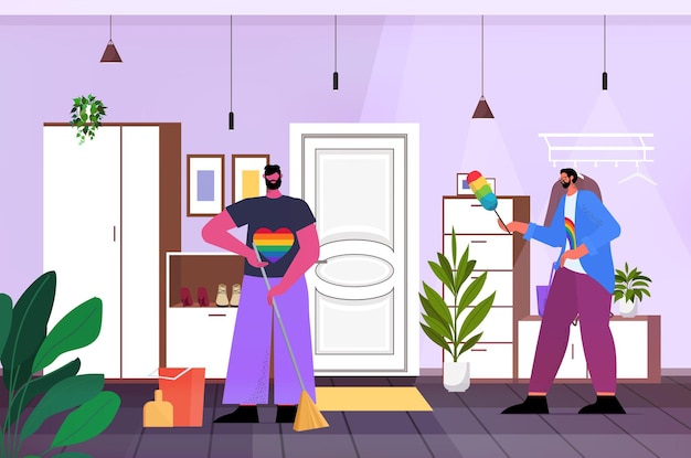 Gays, limpando a casa, dois homens, tarefas domésticas, transgênero, amam, lgbt, comunidade, conceito, sala de estar, interior, horizontal, full length vector illustration