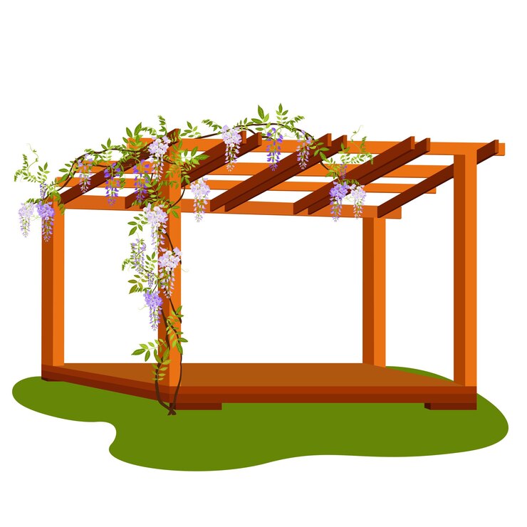 Vetor gazebo de madeira moderno e glísteria em flor em fundo isolado isometria